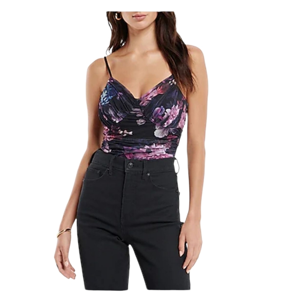 Express Woman's Body Contour Mesh Floral Thong Bodysuit Medium